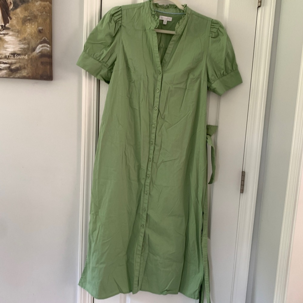 Crown & Ivy‎ Green Ruffle Neck Midi Shirt Dress Puff Sleeve Cotton Sage Medium